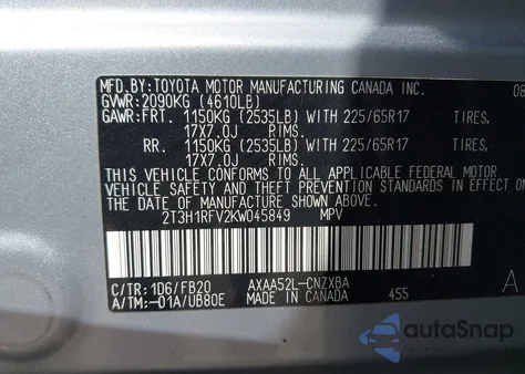 2019 Toyota Rav4 Le z USA, uszkodzony, nr VIN 2T3H1RFV2KW045849